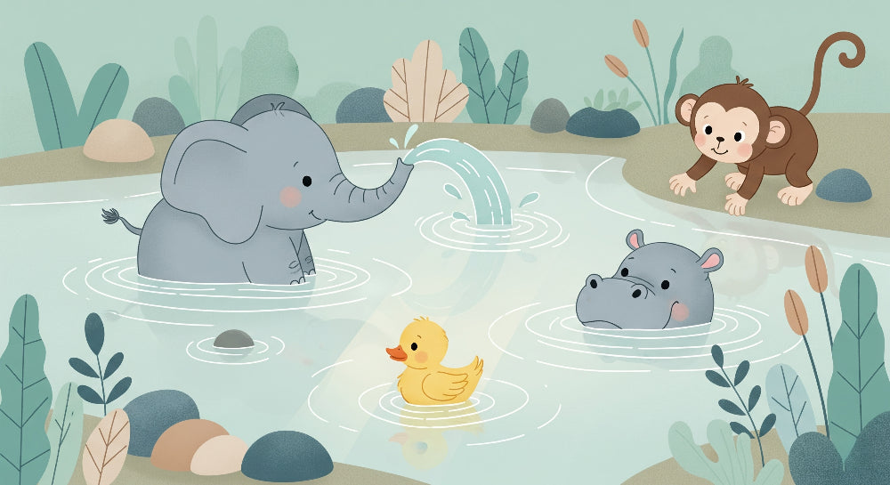 Detailed water animals mural wallpaper design pattern showing elephant, hippo, duck and monkey by Kids-Mundo