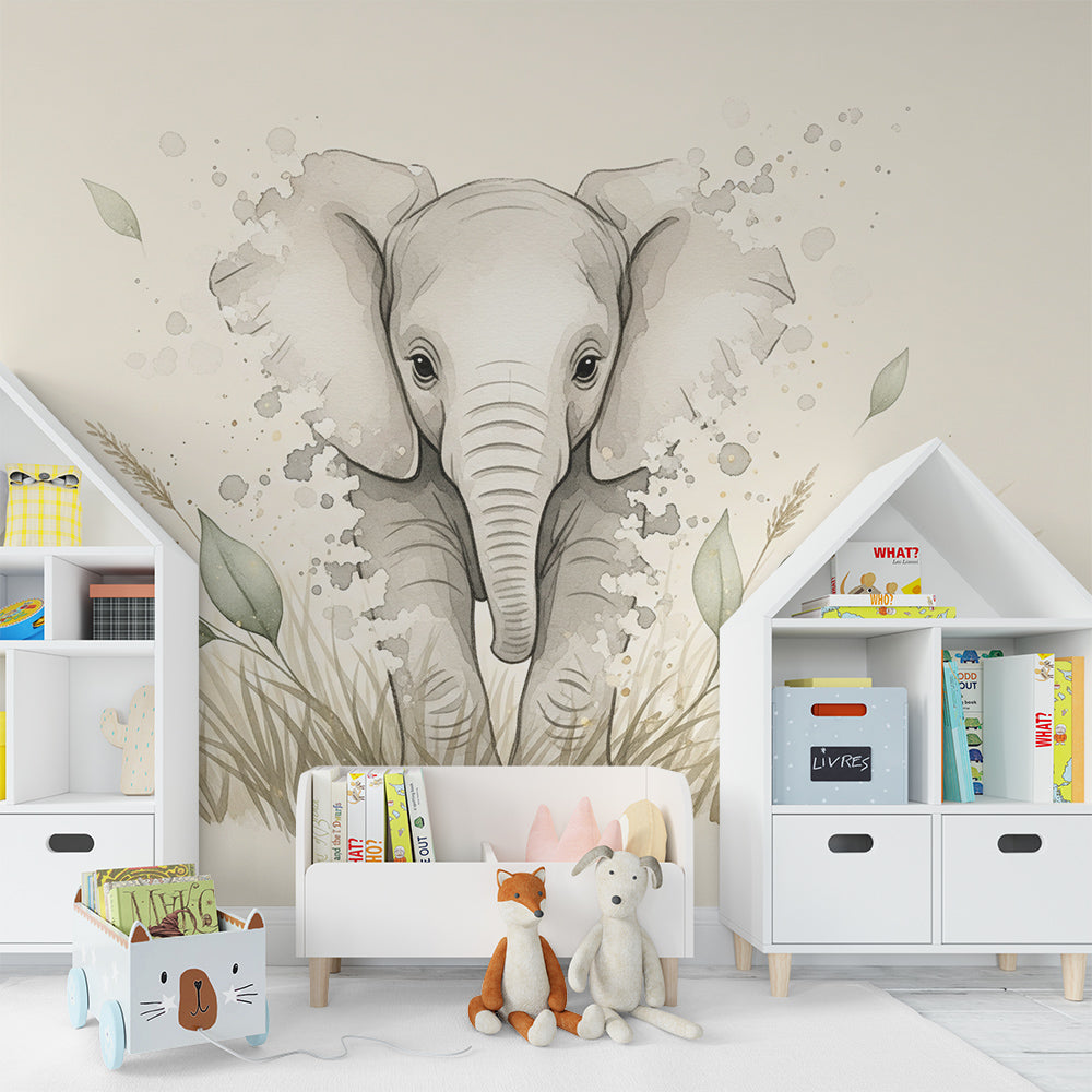 Kids-Mundo soft watercolor elephant wall mural above a bed in a light kids bedroom
