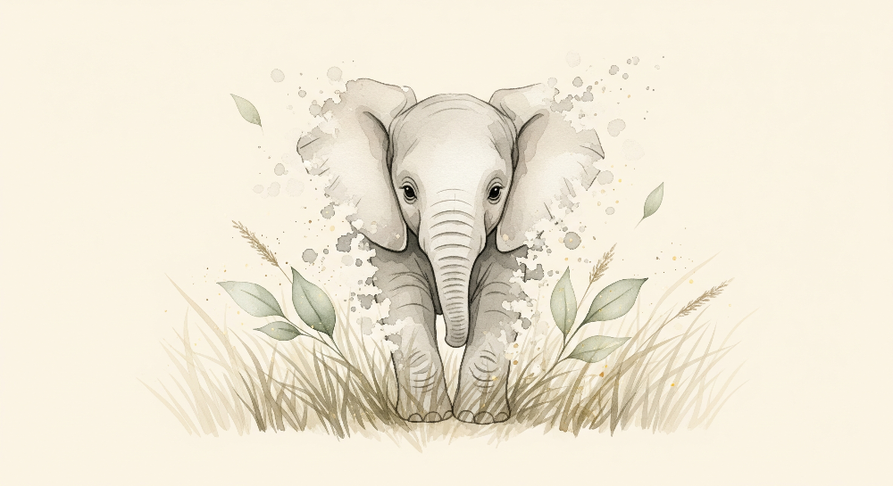 Watercolor Baby Elephant in Soft Foliage Wall Mural