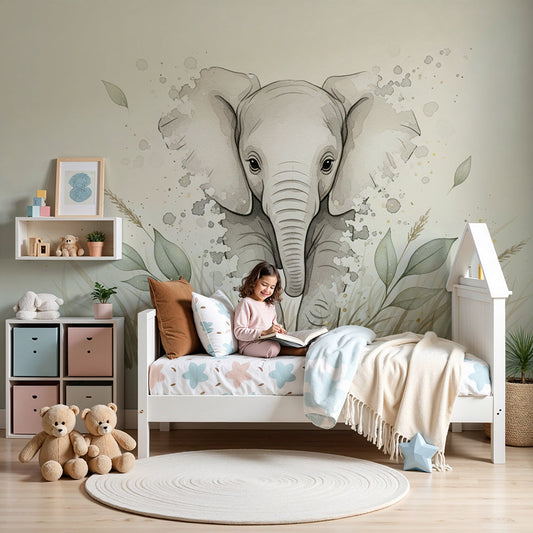 Kids-Mundo watercolor baby elephant wall mural in a calm beige nursery with a cot