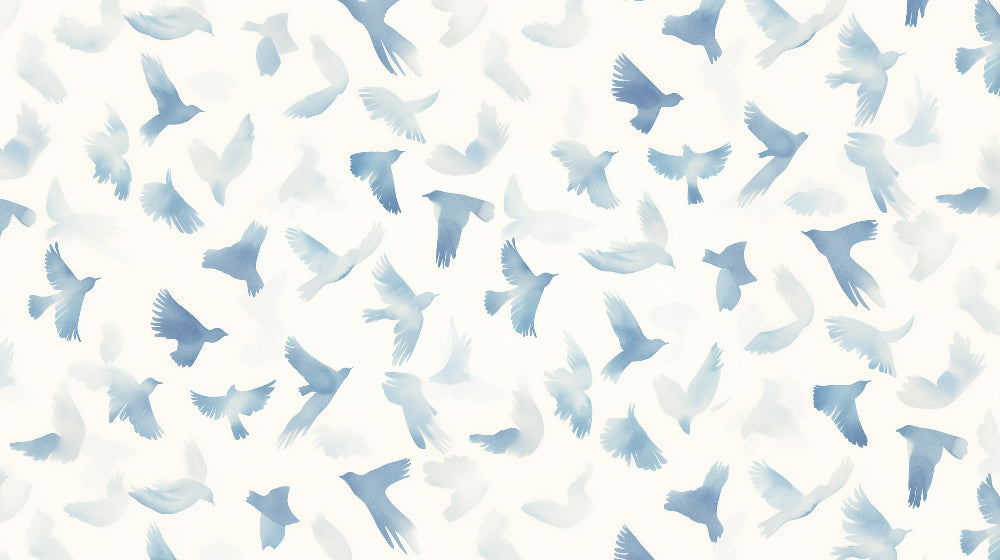 Detailed watercolor birds mural wallpaper design pattern in soft blue aquarelle style by Kids-Mundo