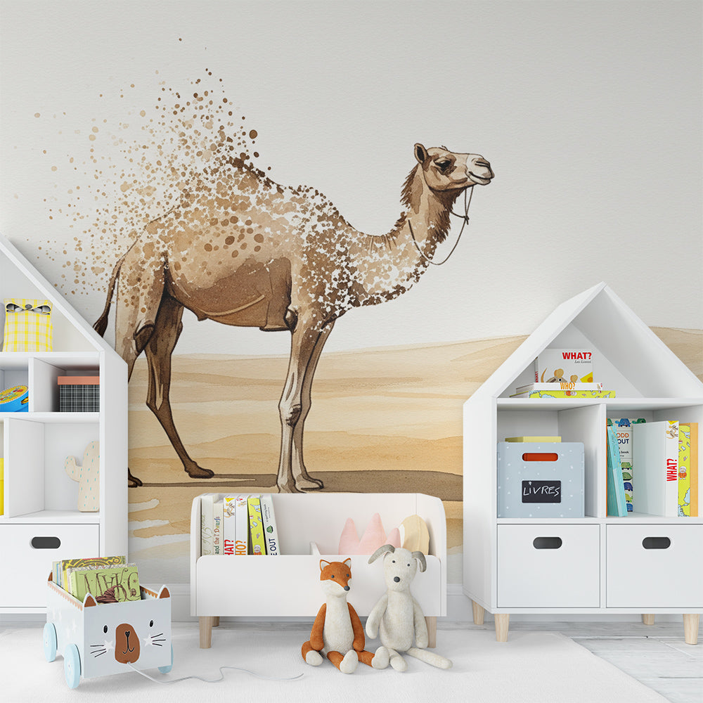 Kids-Mundo watercolor camel wall mural bringing a calm desert scene into a playroom