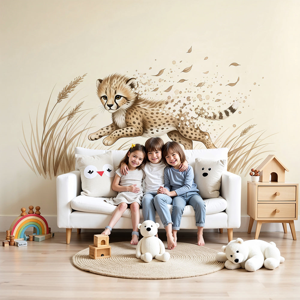 Kids-Mundo watercolor cheetah wall mural styled in a warm neutral nursery beside a cot