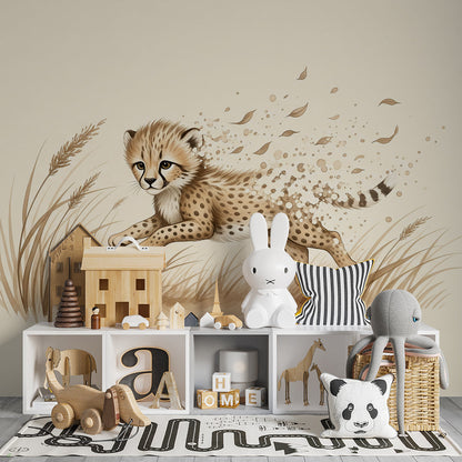 Kids-Mundo watercolor cheetah wall mural bringing a running cub into a children's playroom