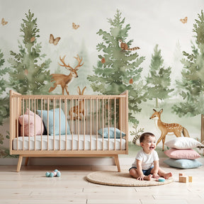 Watercolor forest mural wallpaper with animals creating magical nursery decor by Kids-Mundo