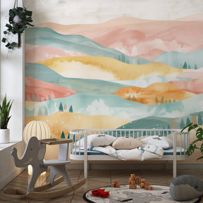 Dreamy pastel landscape wallpaper transforming toddler room into serene sanctuary