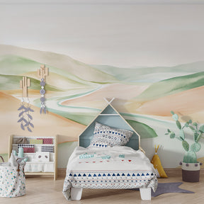 Pastel watercolor landscape wallpaper creating serene atmosphere in kids bedroom decor