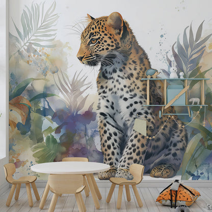 Kids-Mundo watercolor leopard jungle mural wallpaper decorating a multicolour kids bedroom wall
