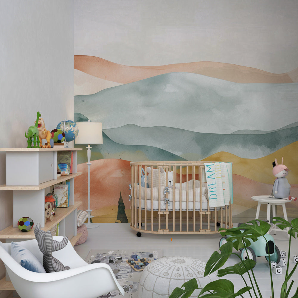 Pastel forest landscape mural wallpaper creating serene kids bedroom decor with mountain views