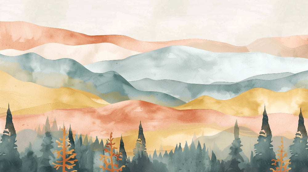 Detailed watercolor mountains and forest mural wallpaper design pattern by Kids-Mundo