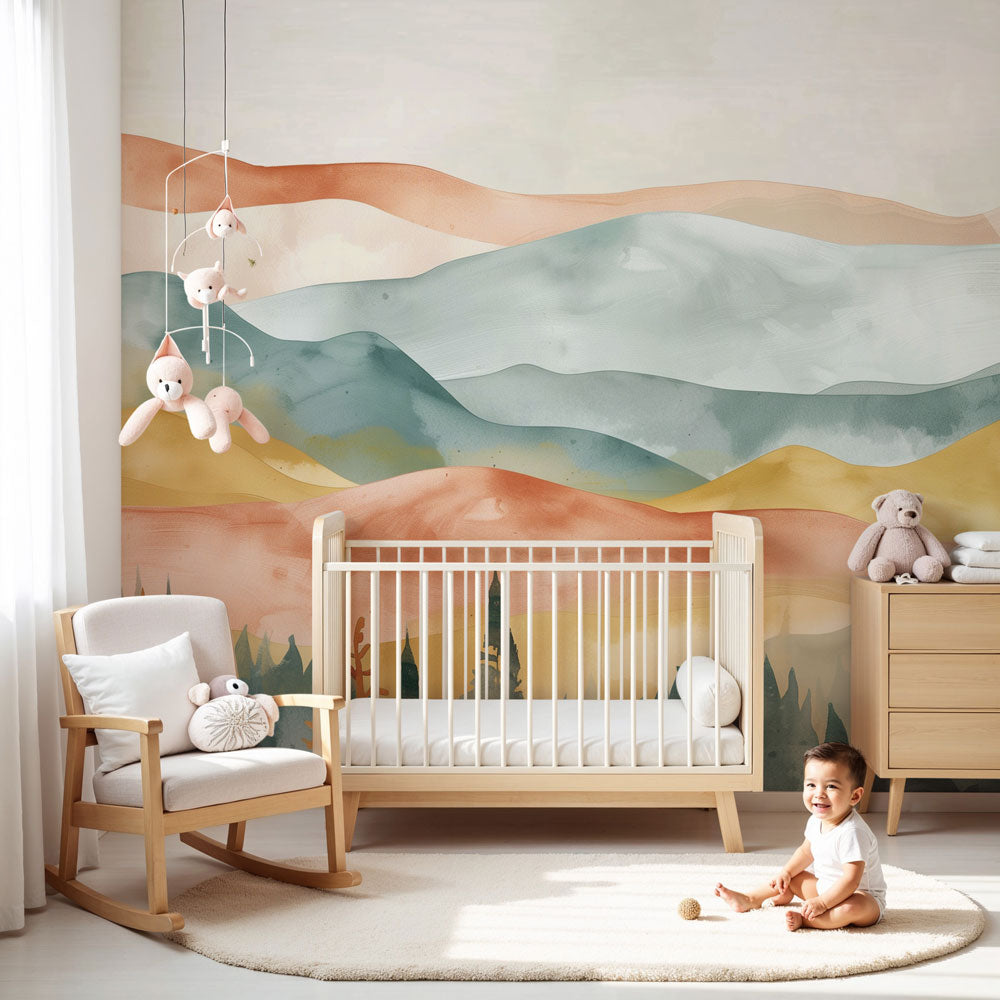 Watercolor mountains mural wallpaper in modern nursery with pastel forest landscape by Kids-Mundo