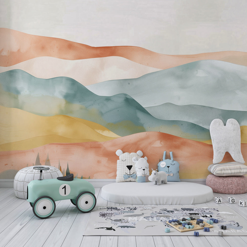 Nature-inspired watercolor wallpaper transforming children's playroom with gentle mountain scenery