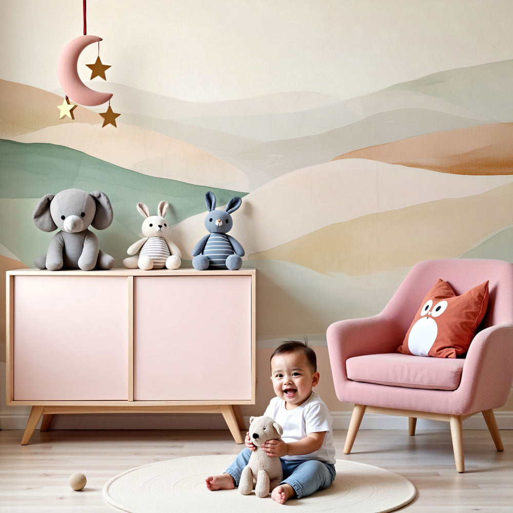 Watercolor pastel hills mural wallpaper creating serene nursery atmosphere by Kids-Mundo