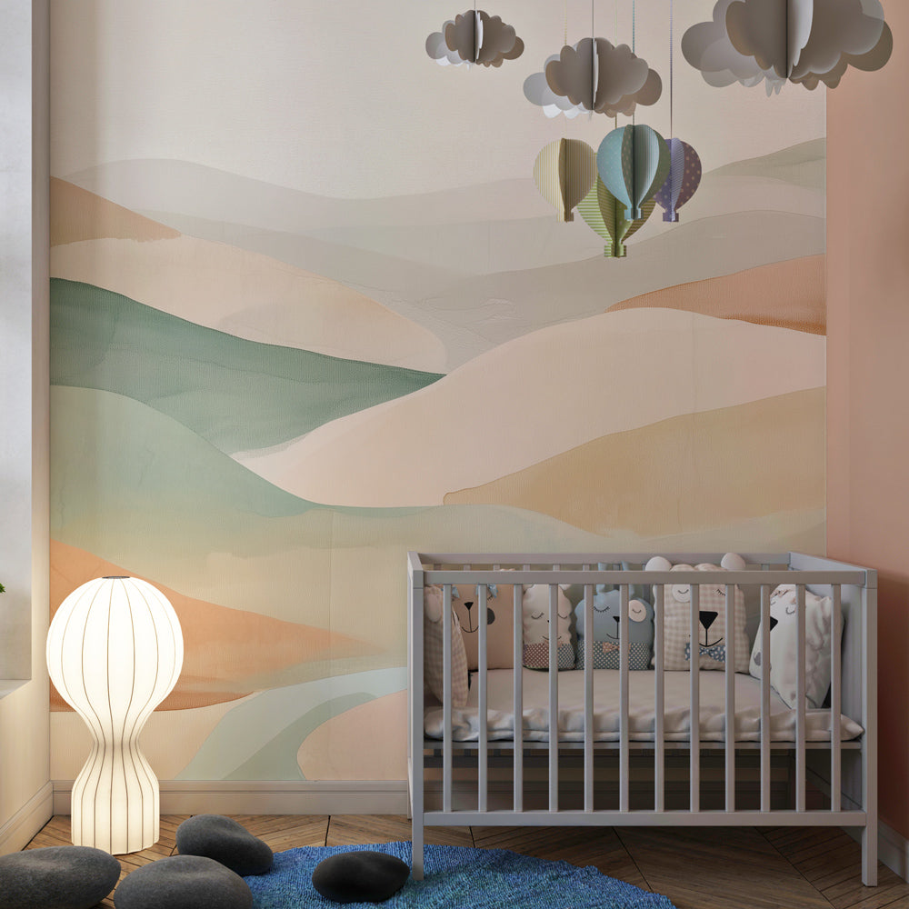 Peaceful watercolor hills mural wallpaper transforming nursery into calming sanctuary