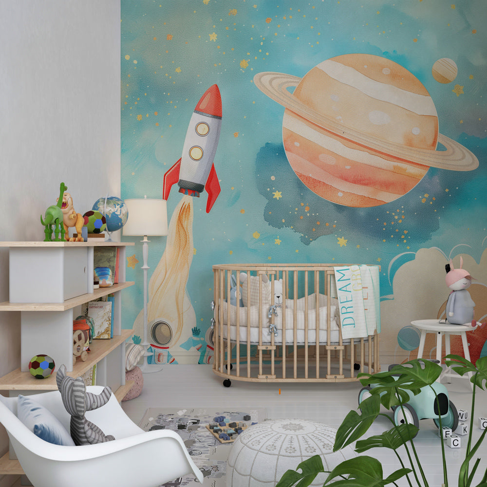 Kids-Mundo pastel rocket and planets wall mural decorating a child's space-themed bedroom