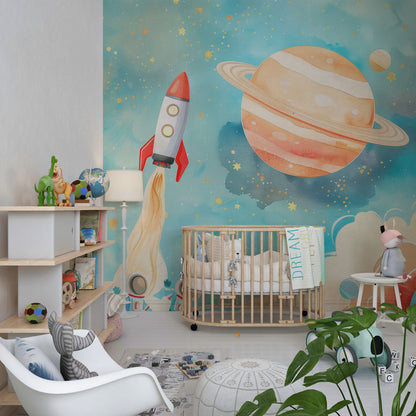 Kids-Mundo pastel rocket and planets wall mural decorating a child's space-themed bedroom