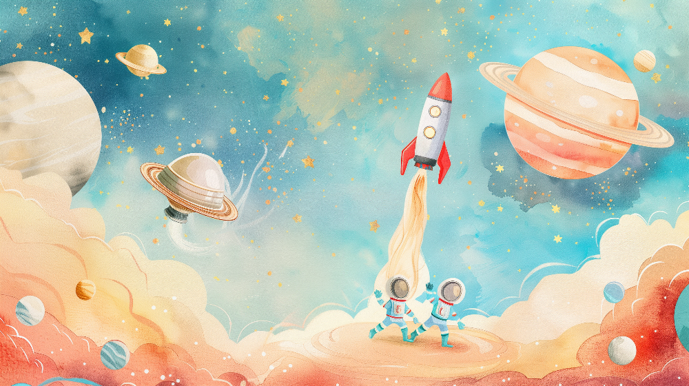 Pastel Watercolor Rocket Launch Space Wall Mural