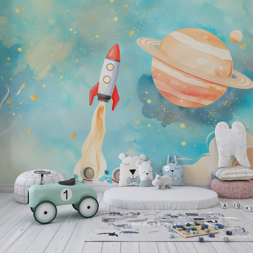 Kids-Mundo watercolor rocket launch mural bringing space adventure to a bright playroom