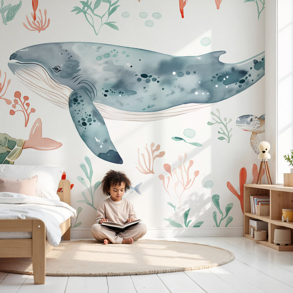 Kids-Mundo watercolor whale wall mural styled in a calm, painterly nursery