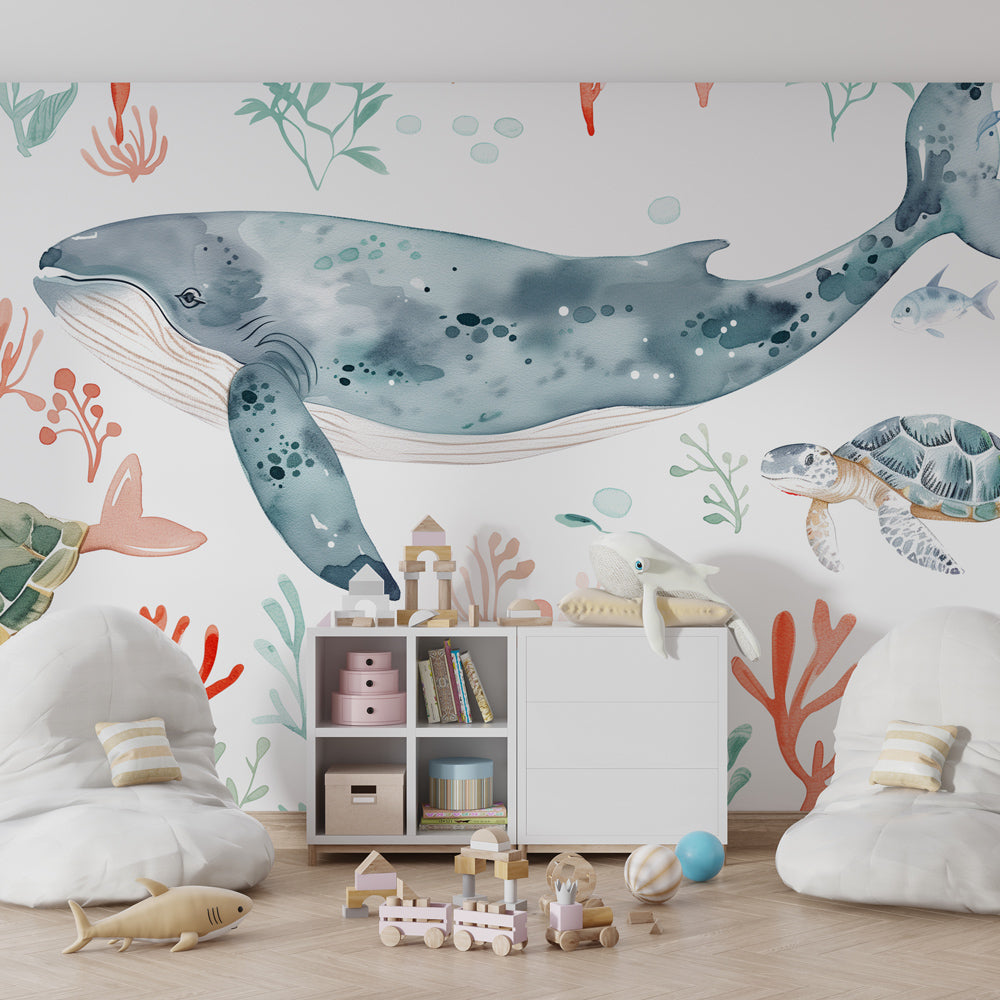 Kids-Mundo watercolor ocean wall mural with a whale covering a playroom wall
