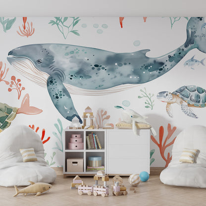 Kids-Mundo watercolor ocean wall mural with a whale covering a playroom wall