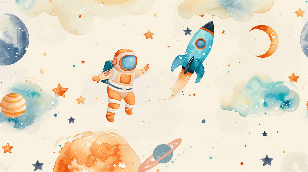 Watercolour Astronaut and Rocket Wall Mural