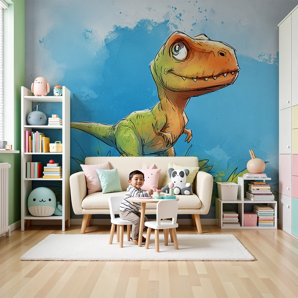 Kids-Mundo watercolour dinosaur wall mural in a soft nursery with white cot and natural light.