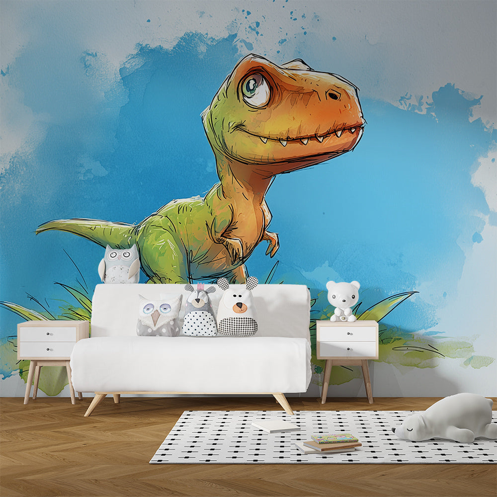 Kids-Mundo watercolour dinosaur wall mural adding colour to a playroom reading corner.