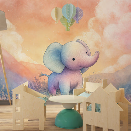 Kids-Mundo baby elephant wall mural behind a bed in a calm, neutral-toned kids bedroom