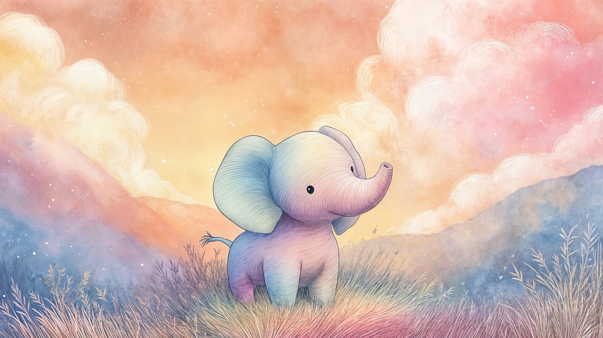 Kids-Mundo flat artwork of the watercolour baby elephant and pastel hills wall mural design