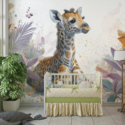 Kids-Mundo watercolour giraffe jungle wall mural featured on a wall in a child's bedroom