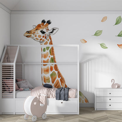 Kids-Mundo watercolour giraffe mural on a feature wall in a light, airy kids bedroom