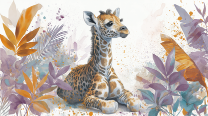 Flat artwork preview of the Kids-Mundo watercolour baby giraffe jungle wall mural design
