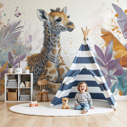 Kids-Mundo watercolour baby giraffe wall mural shown behind a cot in a soft nursery setting