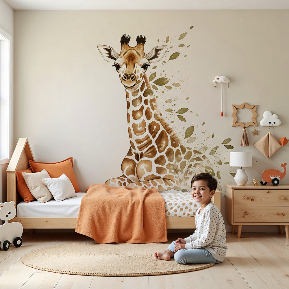 Kids-Mundo watercolour baby giraffe wall mural styled in a soft neutral nursery