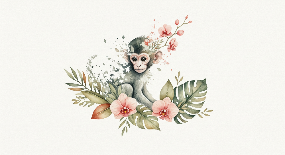 Kids-Mundo watercolour artwork of a baby monkey resting among pink orchid blossoms