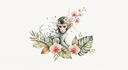 Kids-Mundo watercolour artwork of a baby monkey resting among pink orchid blossoms