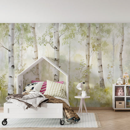 Kids-Mundo calming watercolour birch forest wall mural styled in a kids bedroom