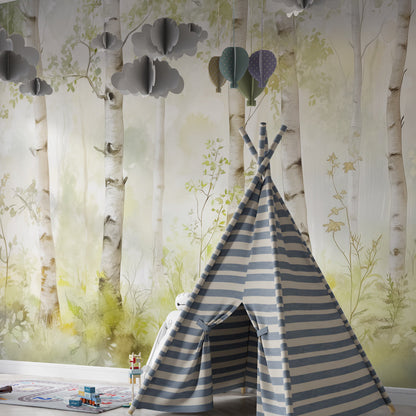 Kids-Mundo calming watercolour birch forest wall mural featured in a colourful playroom