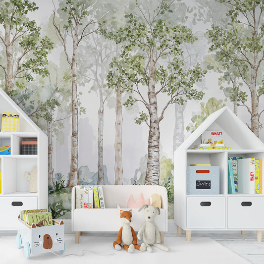 Kids-Mundo birch forest wall mural installed in a calm kids bedroom setting