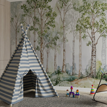 Kids-Mundo watercolour forest mural bringing a misty woodland feel to a playroom