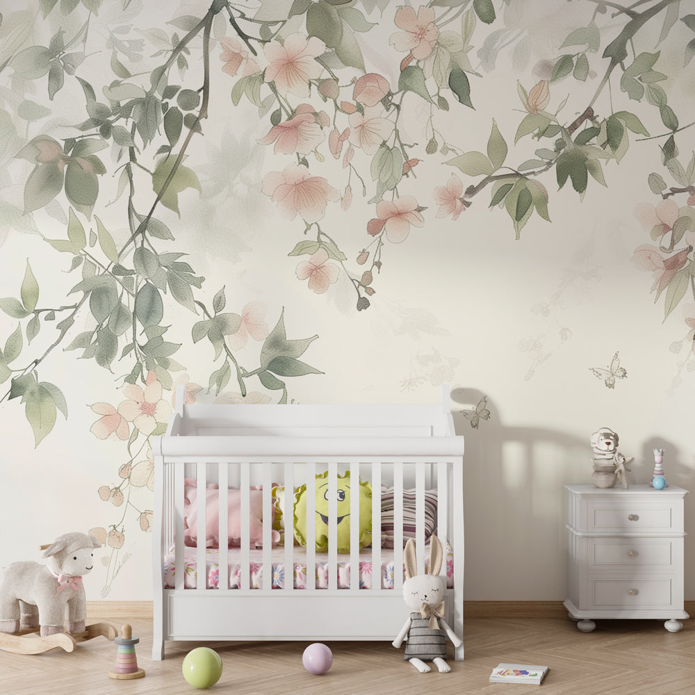 Kids-Mundo watercolour blossom wall mural in a pastel kids bedroom with soft furnishings.