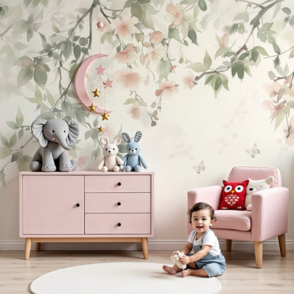 Kids-Mundo blossom branch wall mural behind a cot in a soft, calm nursery setting.