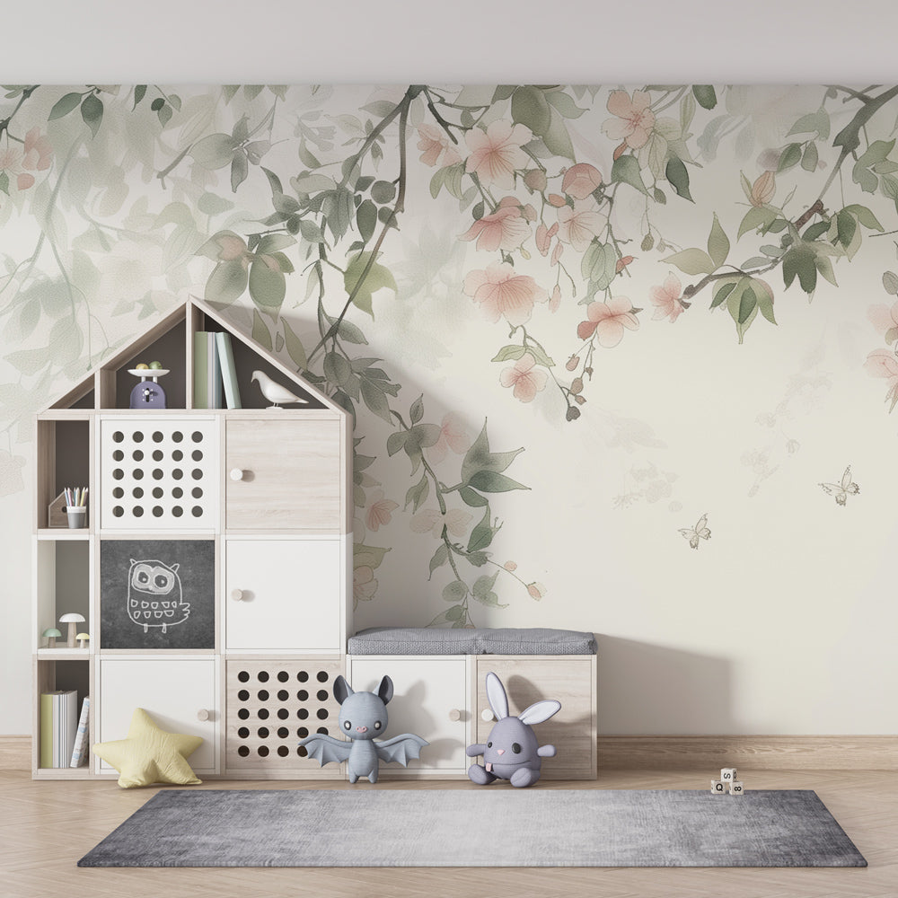Kids-Mundo floral blossom wall mural adding gentle colour to a bright children's playroom.