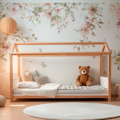 Kids-Mundo delicate blossom wall mural displayed in a bright kids' playroom