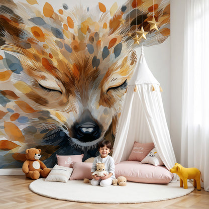 Kids-Mundo watercolour deer wall mural with drifting autumn leaves in a calm, soft nursery room.
