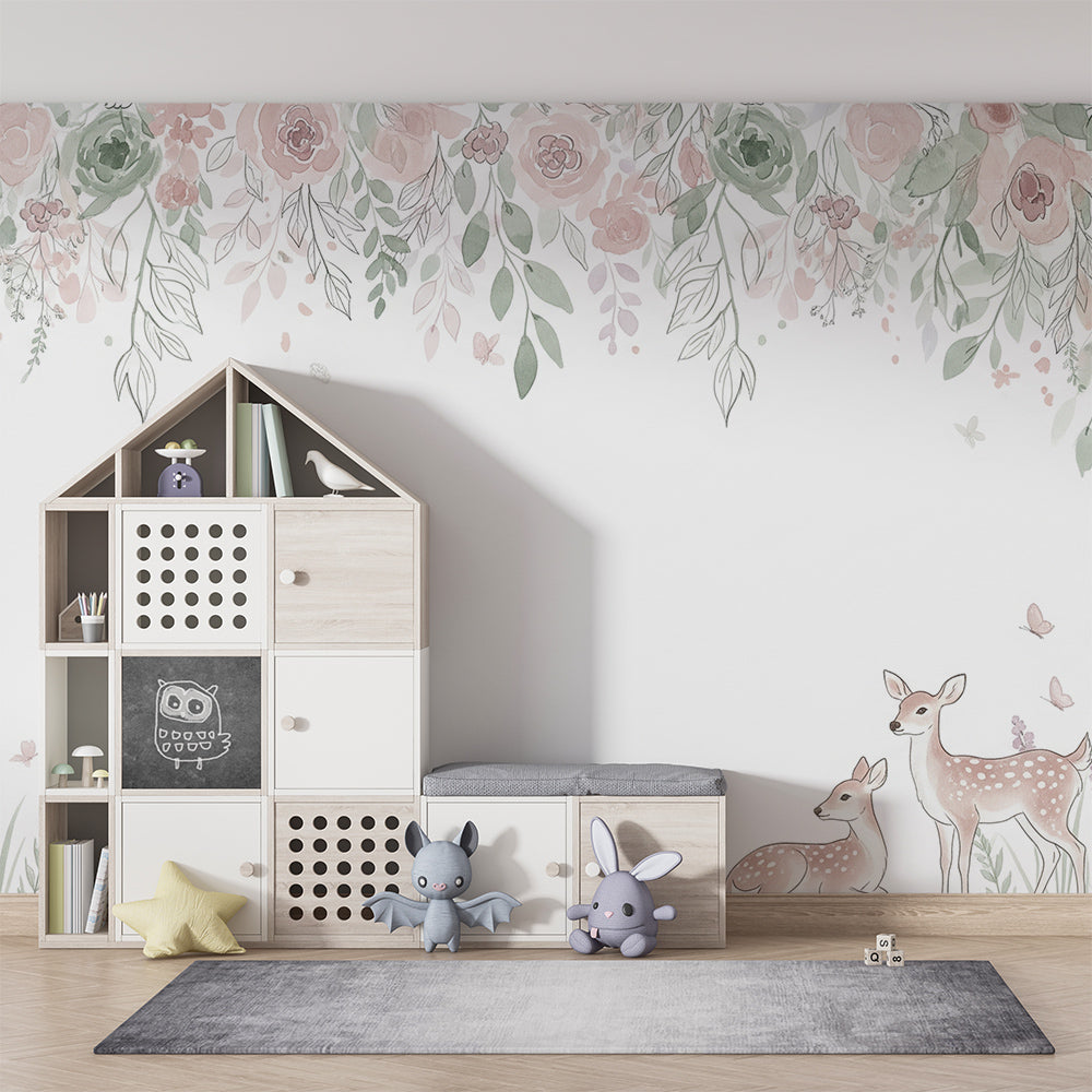 Kids-Mundo watercolour fawn and blush floral wall mural in a toddler's kids bedroom with a single bed