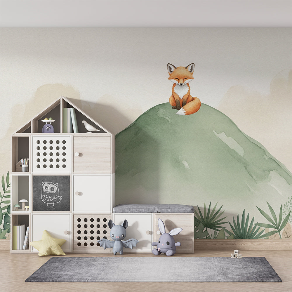 Kids-Mundo fox and green hill wall mural behind a bed in a woodland kids bedroom.