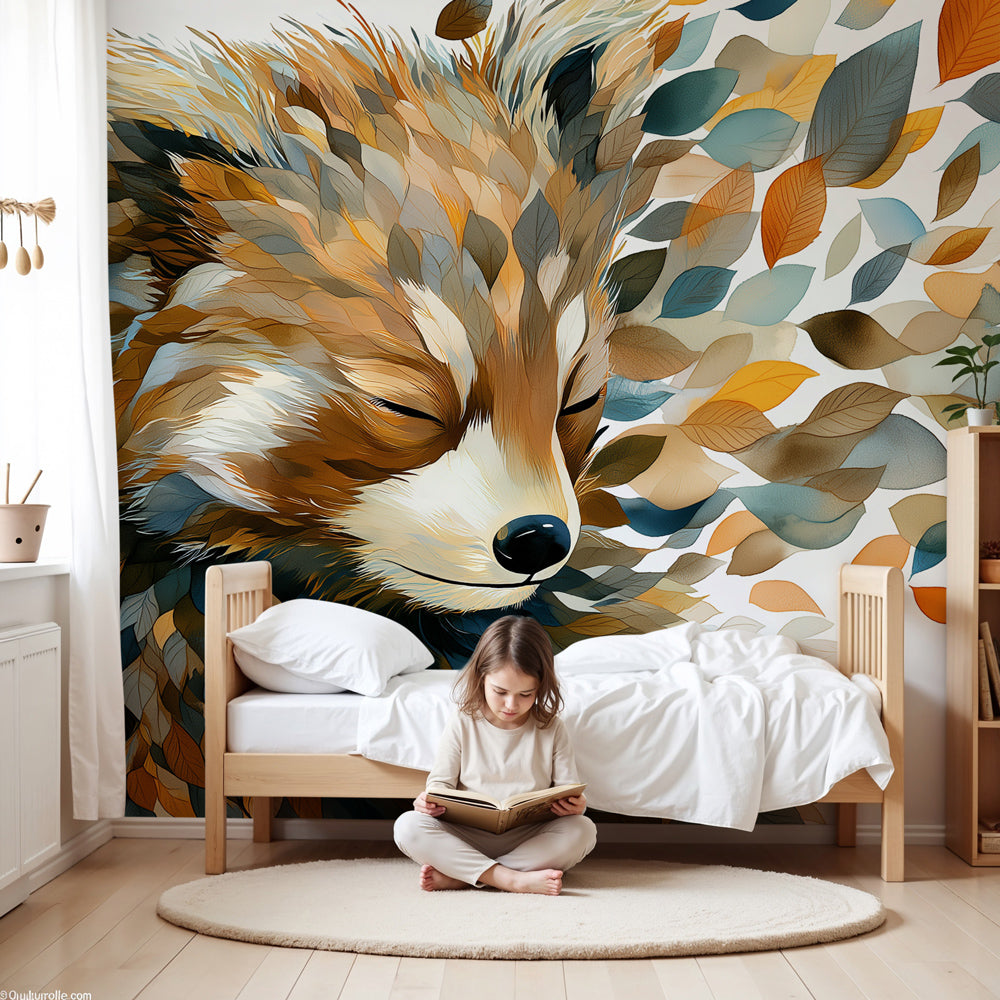 Kids-Mundo watercolour fox wall mural with drifting autumn leaves in a calm, soft nursery room.