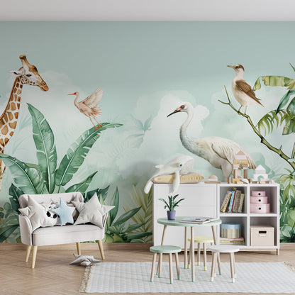 Kids-Mundo watercolour safari mural with giraffe and egret in a bright kids' bedroom
